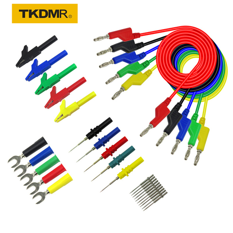 TKDMR 30PCS set 5 Colors 4mm Dual Banana Plug Smooth Silicone Lead Test Cable For Multimeter 1m U-shaped alligator clip ► Photo 1/6