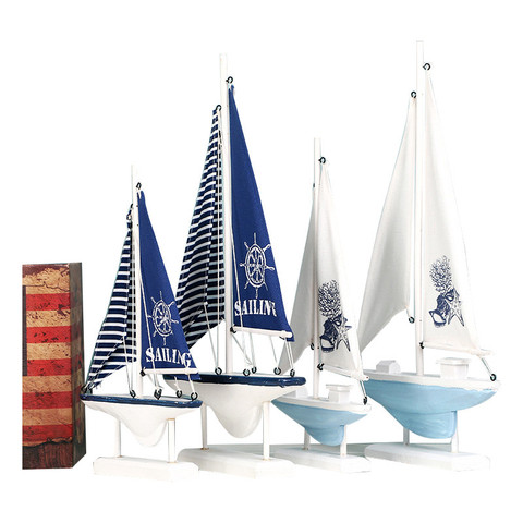 Home Decor Wood White Sailboat Figurines Mediterrean Style Wooden Stripe Ship Home Office Desktop Miniature Marine Sailing Boats ► Photo 1/6