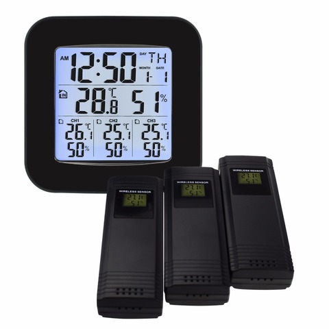 Weather Station w/ 3 Indoor/Outdoor Wireless Sensors Digital Thermometer Hygrometer Black LED LCD Display Temperature & Humidity ► Photo 1/6