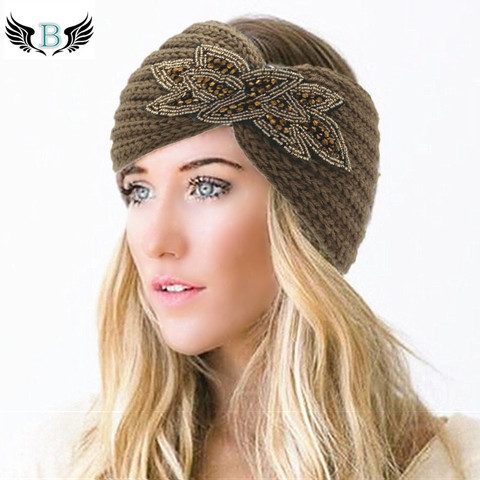 Women Winter Headband Beaded Rhinestone Turban Headwrap Hairband for Girls Ear Warmer Knitted Bandanas Hair Accessories Headwear ► Photo 1/6
