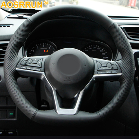 AOSRRUN Black Leather Hand-stitched Car Steering Wheel Cover For Nissan Kicks X-TRAIL March Rogue Qashqai Serena 2017 2022 ► Photo 1/2