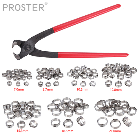 Proster 130Pcs 6-21mm 304 Stainless Steel Single Ear Stepless Hose Assortment Clamps Ring + Clamp Crimper Hand Crimping Tool Kit ► Photo 1/6