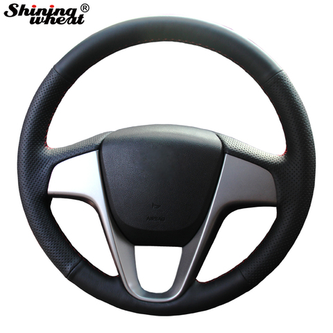 Shining wheat Hand-stitched Black Leather Steering Wheel Cover for Hyundai Solaris Verna I20 Accent ► Photo 1/6