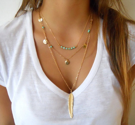 Hot Fashion Gold Color Multilayer Coin Tassels Lariat Bar Necklaces Beads Choker Feather Pendants Necklaces For Women Bijoux ► Photo 1/6