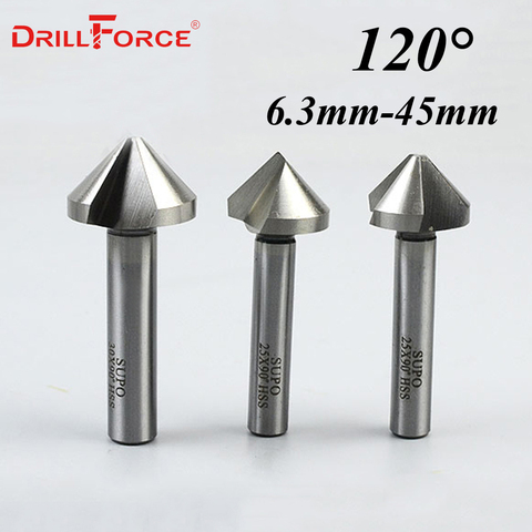 6.3-45mm HSS 3 Flute 120 Degree Chamfer Countersink Drill Bits(6.3/8.3/10.4/12.4/14/16.5/20.5/25/30/35/40/45mm) ► Photo 1/3