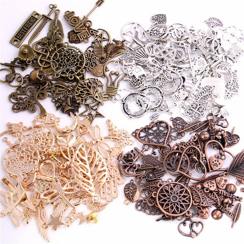 Sweet Bell 60-80 pattern Mixed 100pcs Assorted Carved Charms Pendants Beads Metal Alloy Pandent Four color Diy Bead ► Photo 1/6
