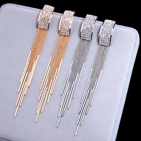 2022 New Gold Color Long Crystal Tassel clip on Earrings Without Piercing  for Women Wedding Brinco Fashion Jewelry Gifts ► Photo 1/6
