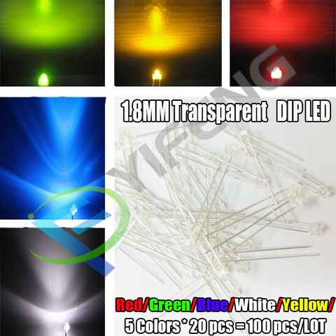 20pcs x 5 Colors = 100pcs 1.8mm Transparent red/yellow/blue/green/white Ultra Bright water clear R/Y/B/G/W LED Lamps ► Photo 1/2