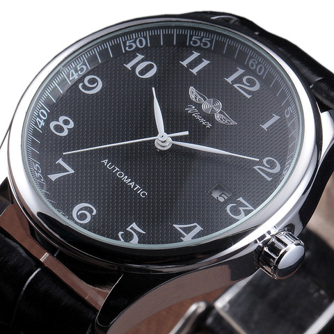 Winner Luxury Men Classic Date automatic Mechanical Watch Self-Winding Skeleton Black Leather/Stainless Steel Strap Wrist Watch ► Photo 1/5
