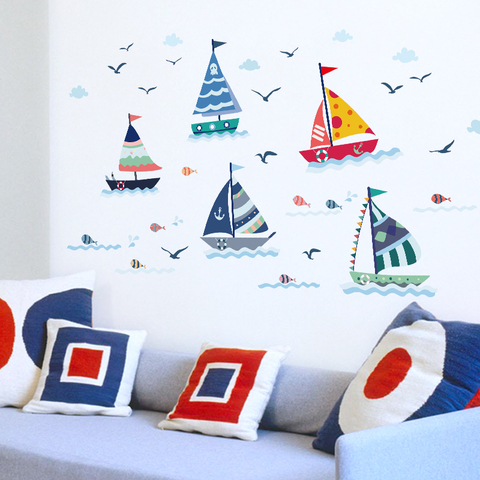 Cartoon Sailboat with sea view Wall Sticker for kids rooms Home Decoration Glass window Background Mural Decals poster stickers ► Photo 1/6