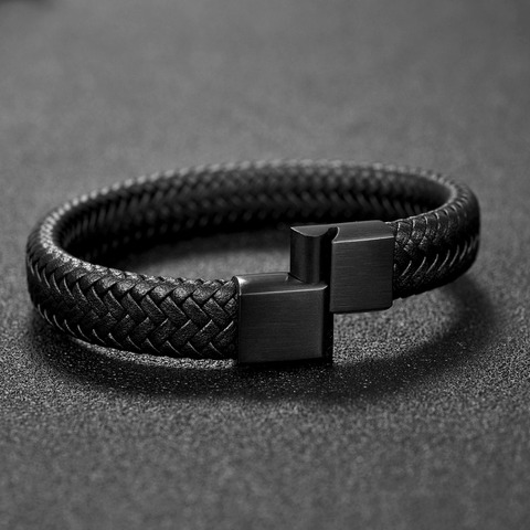Jiayiqi Punk Men Jewelry Black/Brown Braided Leather Bracelet Stainless Steel Magnetic Clasp Fashion Bangles Gift 18.5/22/20.5cm ► Photo 1/6
