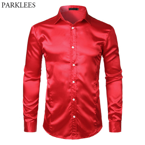 Men's Slim Fit Silk Satin Dress Shirts Wedding Groom Stage Prom Shirt Men Long Sleeve Button Down Shirt Male Chemise Homme Red ► Photo 1/6