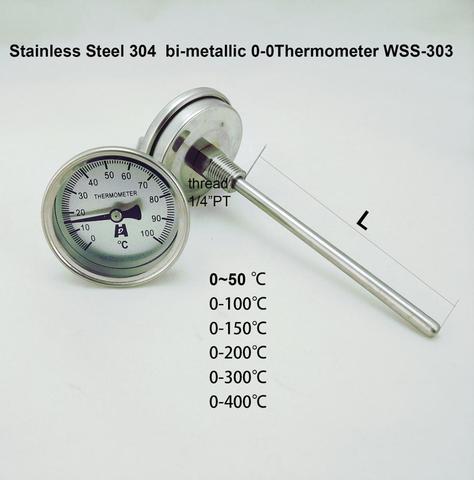 HD Stainless Steel bi-metallic Thermometer 0-50~300 degrees, Probe length L=100, 1/4PT Thread WSS-303 ► Photo 1/3