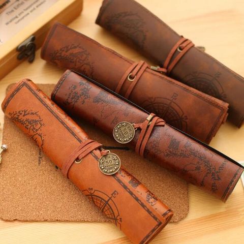 New Treasure Map Leather PU Retro Pencil bag Cosmetic Bag Roll Pen Bag For Student Gifts Stationery Brush Makeup Supplies ► Photo 1/1