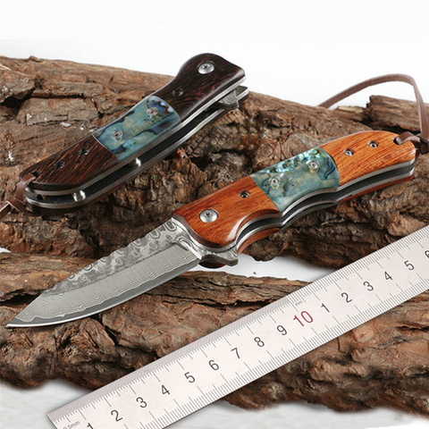 new product sharp knife Damascus steel  tool knife folding knife Wood and shells handle outdoor self-defense ► Photo 1/6
