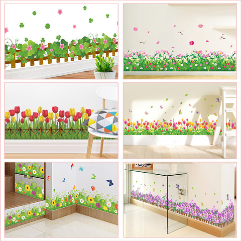 Pastoral Flowers Grass Fence With Butterfly Wall Stickers For Office Shop Bedroom Baseboard Home Decoration Pvc Decals Mural Art ► Photo 1/6