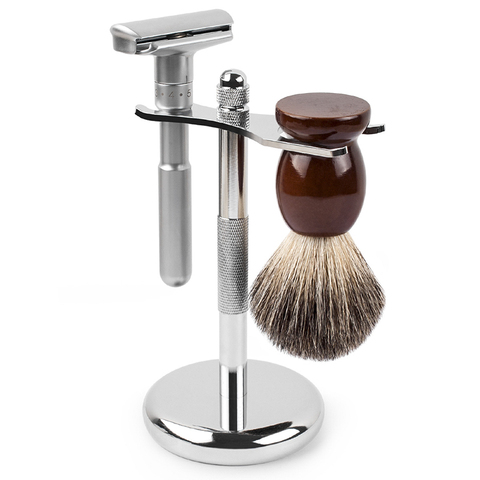 Qshave  Classic Safety Razor With 100% Pure Badger Hair Shaving Brush With Stand Holder for Double Edge Razor ► Photo 1/6