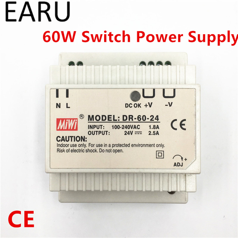 1Pc Din Rail Switch Power Supply 60W 24V 2.5A Output AC DC Converter DR-60-24  Good Quality OEM Voltage Transformer Adapter ► Photo 1/6
