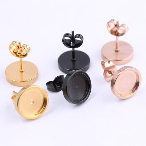 onwear 10pcs Rose Gold Black Stainless Steel stud earring base 8mm cabochon bezel settings diy post pin earrings findings ► Photo 1/6