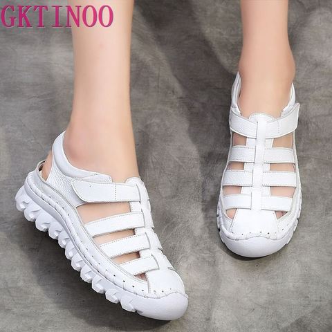 Women Gladiator Sandals Shoes Genuine Leather Hollow Out Flat Sandals Ladies  Casual Soft Bottom Summer Shoes Women Beach Sandal