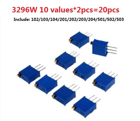 3296W adjustable resistor kit 10 values*2pcs=20pcs SET W-102/103/104/201/202/203/204/501/502/503 potentiometer 200R/1K/10K/2K/5K ► Photo 1/1