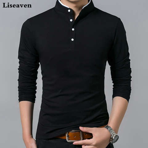 Liseaven T-Shirt Men Cotton T Shirt Full Sleeve tshirt Men Solid Color T-shirts tops&tees Mandarin Collar Long Shirt ► Photo 1/5
