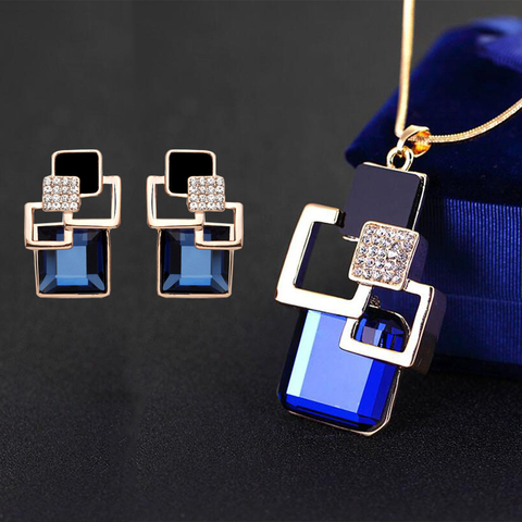 Classic Geometric Square Crystal Jewelry Sets For Women Vintage Party Stud Earrings And Pendant Necklace For Gifts ► Photo 1/6