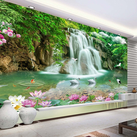 Custom Photo Mural Wallpaper HD Waterfall River White Swan Green Tree Nature Pastoral Landscape 3D Mural Wallpaper For Walls 3 D ► Photo 1/6