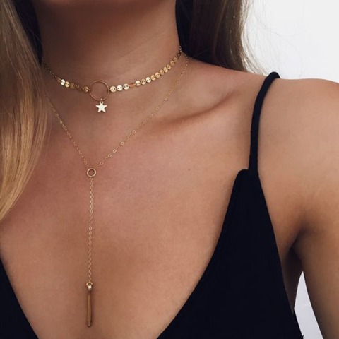 Hot Sale Gold Silver Plated Sequins Long Tassel Star Choker Necklace Accessories For Women Jewelry Double Layer Chokers #230627 ► Photo 1/6