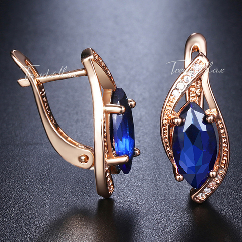 Blue Stone Stud Earrings For Women 585 Rose Gold Filled Round Leaf