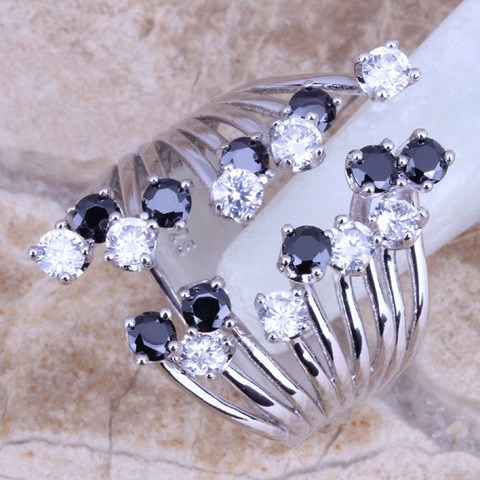 White CZ Black Cubic Zirconia Silver Plated Fine Ring Size 5 / 6 / 7 / 8 / 9 / 10 / 11 / 12 S0227 ► Photo 1/3