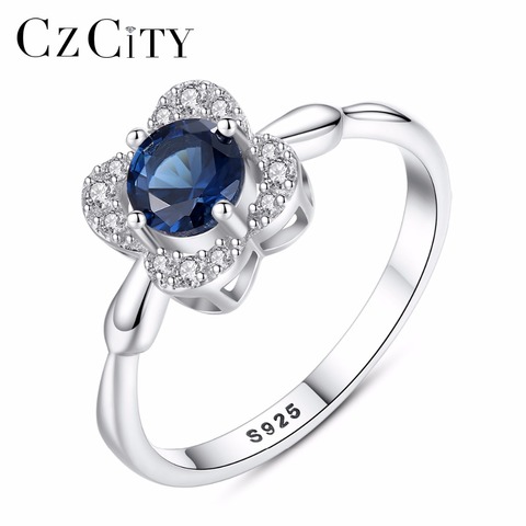 CZCITY Classic Created Blue Sapphire Solitaire Wedding Engagement 925 Sterling Silver Flower Ring for Women Cubic Zirconia Rings ► Photo 1/6