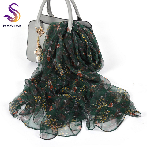 [BYSIFA] Green Silk Scarf Shawl Women Luxury Brand Fall Winter Long Scarves New Accessory Floral Design Neck Scarf Foulard Femme ► Photo 1/6