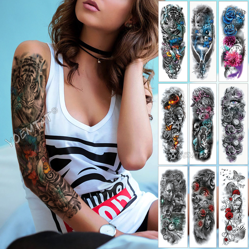 Buy Online Large Arm Sleeve Tattoo Lion Tiger Waterproof Temporary Tattoo Sticker Flame Warrior Men Full Skull Flower Tatoo Body Art Women Alitools