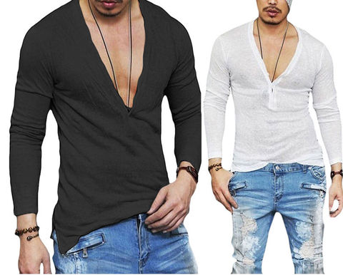 US Stock Fashion Men Casual Slim Fit Long Sleeve Deep V-neck Sexy Shirt T-shirts ► Photo 1/6