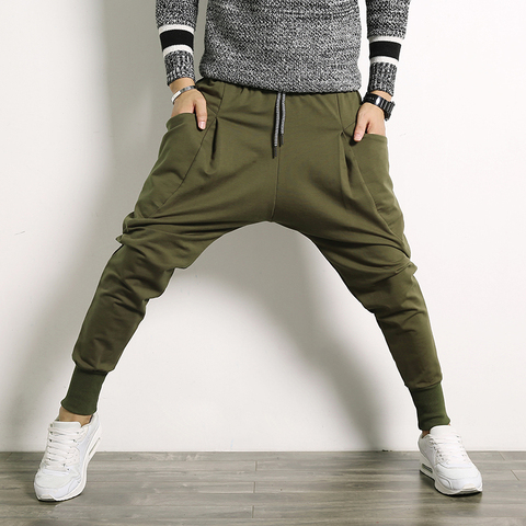 Hip Hop Harem Pants Men Cotton Streetwear Casual Trousers Solid