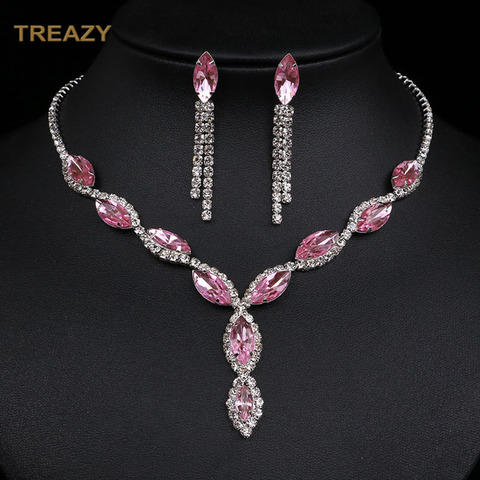 Fashion Leaf Tassel Wedding Jewelry Sets Charm Pink Crystal Choker Necklace Earrings Set Bridal Jewelry Sets Women Accessories ► Photo 1/1