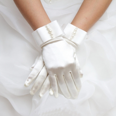 Short Full Fingers Faux Pearl Beaded Womens Bridal Wedding Gloves With Bow Satin ► Photo 1/6