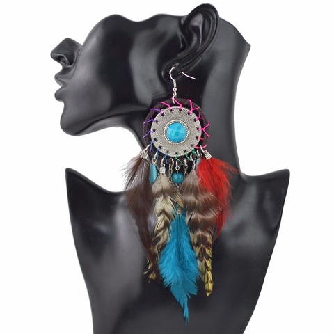 Tribal Big Bohemian Feather Dangle Earring Indian Jewelry Colorful