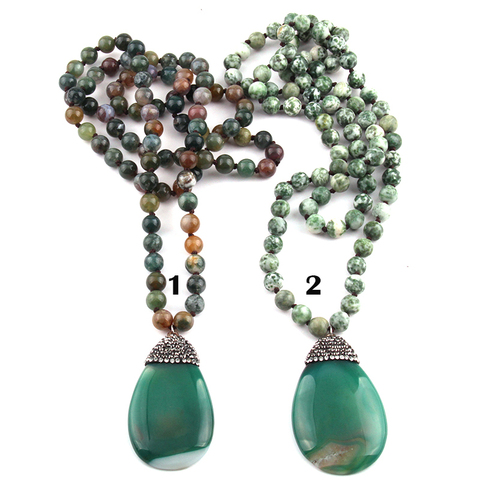 Free Shipping Fashion Long Knotted Stones Bohemian Tribal Jewelry Green Natural Stone Pendant Necklace ► Photo 1/5