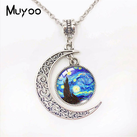 Famous Oil Painting Van Gogh's Painting Starry Night Glass Done Cresent Moon Shaped Pendants Handmade Jewelry Gifts ► Photo 1/6