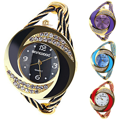 Fashion Women Round Crystal Rhinestone  Decorated Bangle Cuff Analog Quartz Bracelet Watch 0JTP ► Photo 1/6