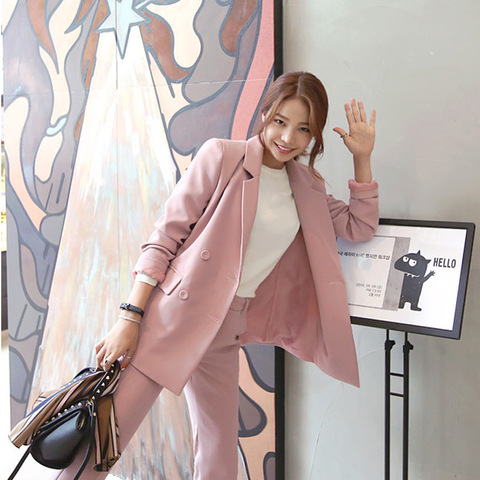 Women's suit autumn fashion was thin double-breasted pink small suit jacket casual nine pants two-piece women's suit ► Photo 1/6