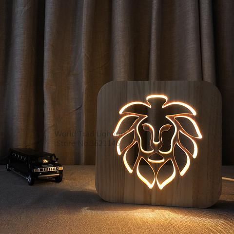 3D Wooden Lion Lamp Animal Style USB LED Table Light luz Switch Control bebe noche Wood Carving Lamp for Children bedroom Decor ► Photo 1/5