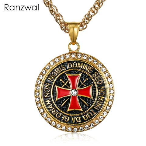 Ranzwal The Knights Templar Iron Cross Pendant Necklaces for Men Inlay CZ Stone Red Glaze Cross Stainless Steel Necklace ► Photo 1/6