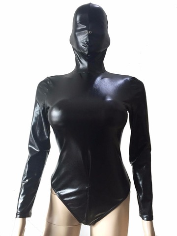 Women Faux Leather Wet Look Full Hooded Zentai Suit Bodysuit with Hood Body Restraint Catsuit Fetish Costume ► Photo 1/1