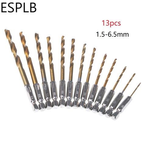 ESPLB 13pcs/Set Titanium Drill Bit 1.5-6.5mm HSS High Speed 1/4 Hex Shank Woodworking Metal Plastic Twist Drilling Tools ► Photo 1/6