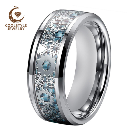 Men Women Tungsten Wedding Bands Engagement Ring With Mechanical Gear Wheel Light Blue Carbon Fiber Inlay Comfort Fit ► Photo 1/2