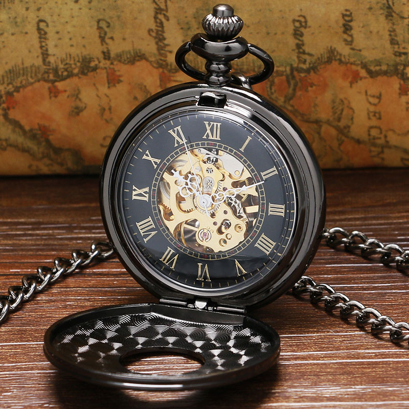 Vintage Luxury Black Metal Mechanical Pocket Watch Steampunk