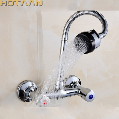 Wall Mounted Kitchen Faucet Hot & Cold Water Mixer Crane Dual Handle Dual Hole Kitchen Sink Tap Copper Chrome Plated YT-6029 ► Photo 1/6